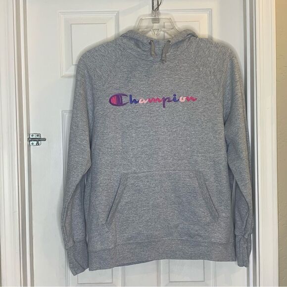 CHAMPION Womens Heather Gray/Multi-Color Script Logo Hoodie Sweatshirt Size XL - Picture 1 of 9